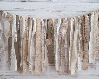 Fabric Garland Fabric Banner Rag Banner Neutral Garland Earth tones gray garland taupe wedding garland gray banner shabby chic neutral decor