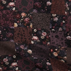 May include: A patchwork fabric design featuring a repeating pattern of dark purple and black floral bouquets with intricate lace details.
