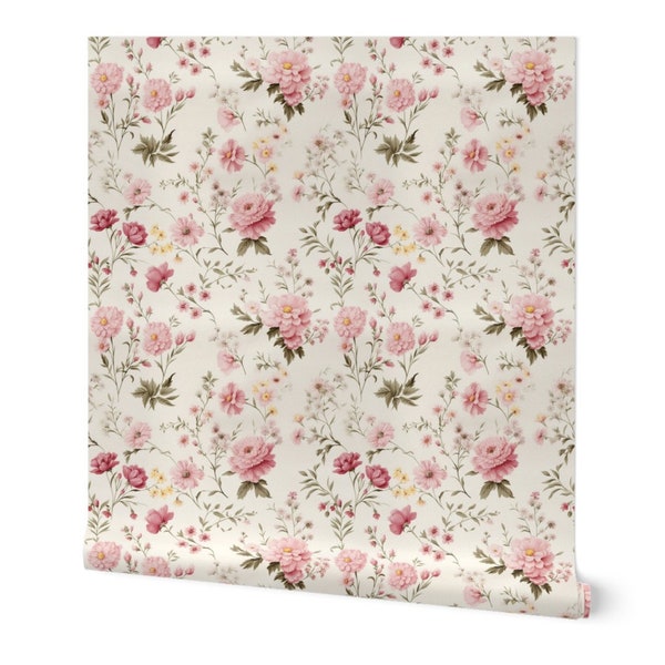 Shabby Chic Floral Wallpaper cottage garden flower French Country Peel and Stick pink cream nursery English Cottage pastel wallpaper small
