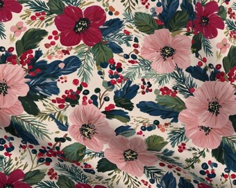 Dark Christmas Floral Fabric by the Yard Watercolor moody Holiday Poinsettia Fabric Red Berries Vintage Rose Winter botanical greenery
