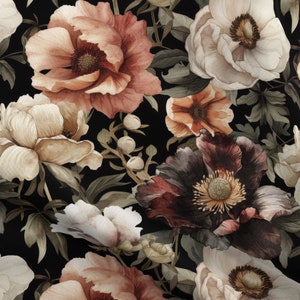 Vintage Dark Floral Fabric by the yard Black Baroque Autumn Flower upholstery large floral print dusty pink peony fabric dramatic victorian