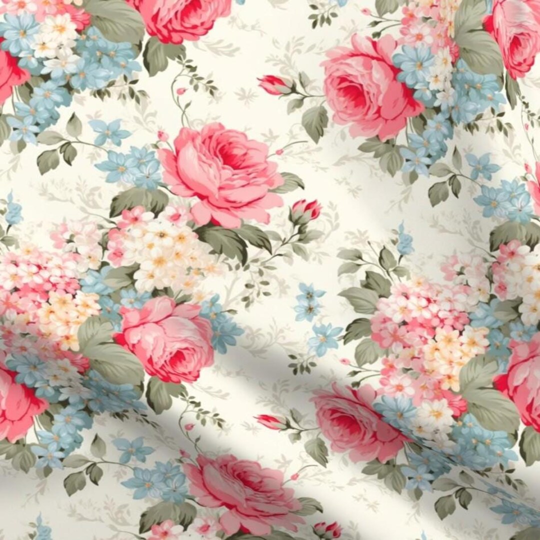 Bright Rose Floral Fabric by the Yard Pink Blue Yellow Romantic