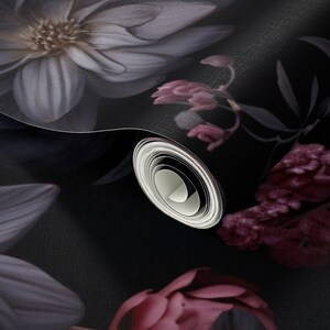 large floral wallpaper with moody dark flowers