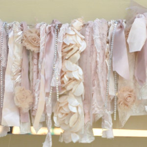 Fabric Garland Shabby Chic Garland pink shabby chic rag banner blush pink cake smash highchair garland Wedding lace Banner ribbon garland