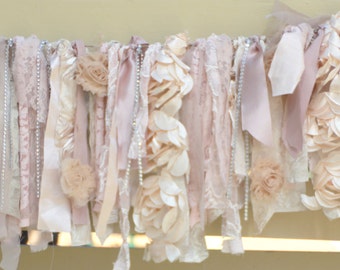 Fabric Garland Shabby Chic Garland pink shabby chic rag banner blush pink cake smash highchair garland Wedding lace Banner ribbon garland