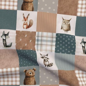 Tissu de courtepointe rustique pour bébé garçon au mètre, bébé animal des bois, vert foncé, ami de la forêt, patchwork, pépinière, cabine beige, dessus de courtepointe