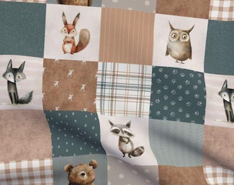 Rustic Baby Boy Cheater Quilt Fabric by the yard baby animal woodland animal dark green forest friend patchwork nursery tan cabin quilt top