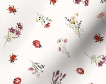 Ladybug Fabric by the yard watercolor wildflower insect plum purple spring floral quilting fabric Earth tone flower summer botanical garden
