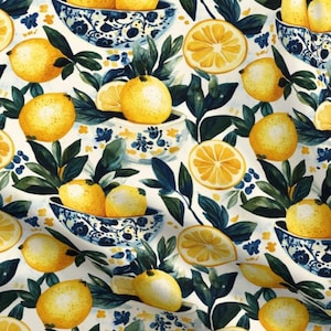 May include: A repeating pattern featuring lemons, leaves, and blue and white patterned bowls. The lemons are yellow and whole or sliced, with green leaves and blue floral accents. The background is white.