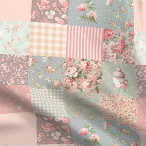Vintage Rose Shabby Chic Patchwork Fabric by the yard pastel floral cheater quilt for girl quilt top yellow blue pink flower whole cloth