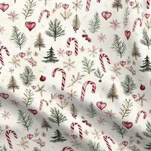 Vintage Christmas Candy Cane Fabric by the Yard Whimsical Classic Watercolor Winter Trees Holly Earthy Red Moss Evergreen Rustic Snowflakes