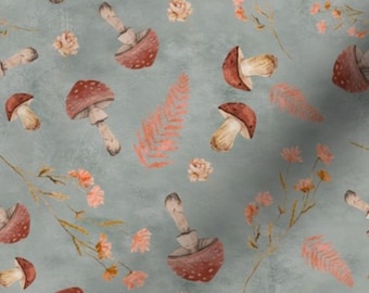 Blue Mushroom Fabric by the yard fabric mushroom fabric textured fabric woodland fabric peach flower fabric october fabric red mushroom