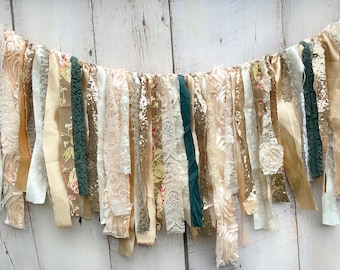 Fabric Garland Emerald Green Garland gold emerald Green banner gold green banner birthday boho garland gold birthday decor fabric rag banner