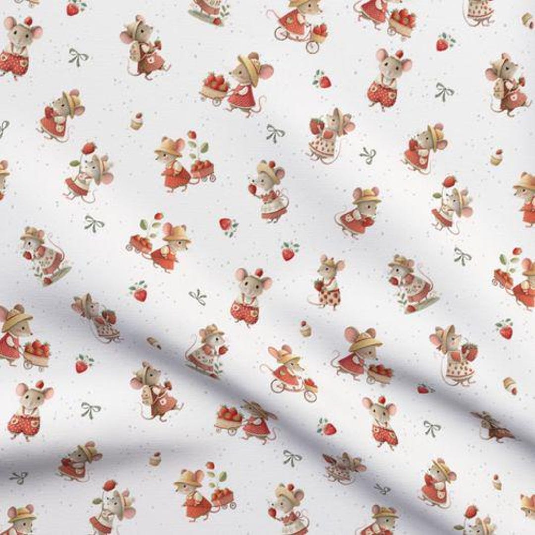 Mouse And Raspberry Fabric Strawberry Garden Mice Fabric by the Yard Red Pink Strawberry Shortcake ...