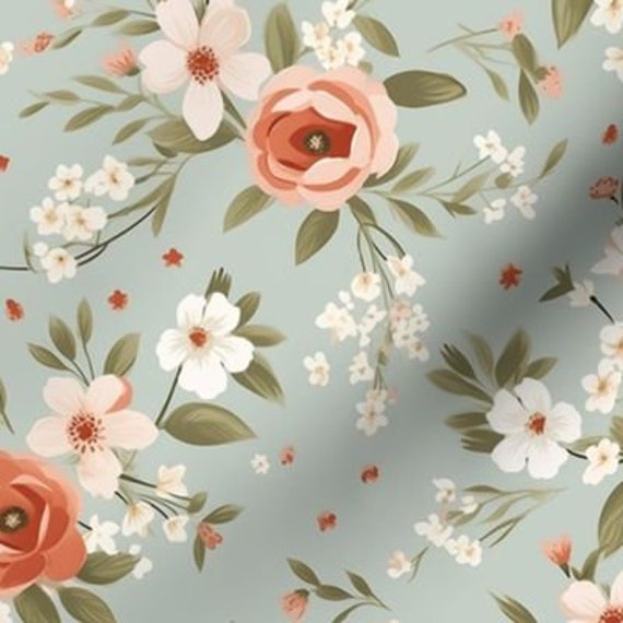 Sage Green Floral Cottage Fabric by the Yard earth tone floral dress fabric peach pastel flower cotton quilting floral farmhouse fabric sage