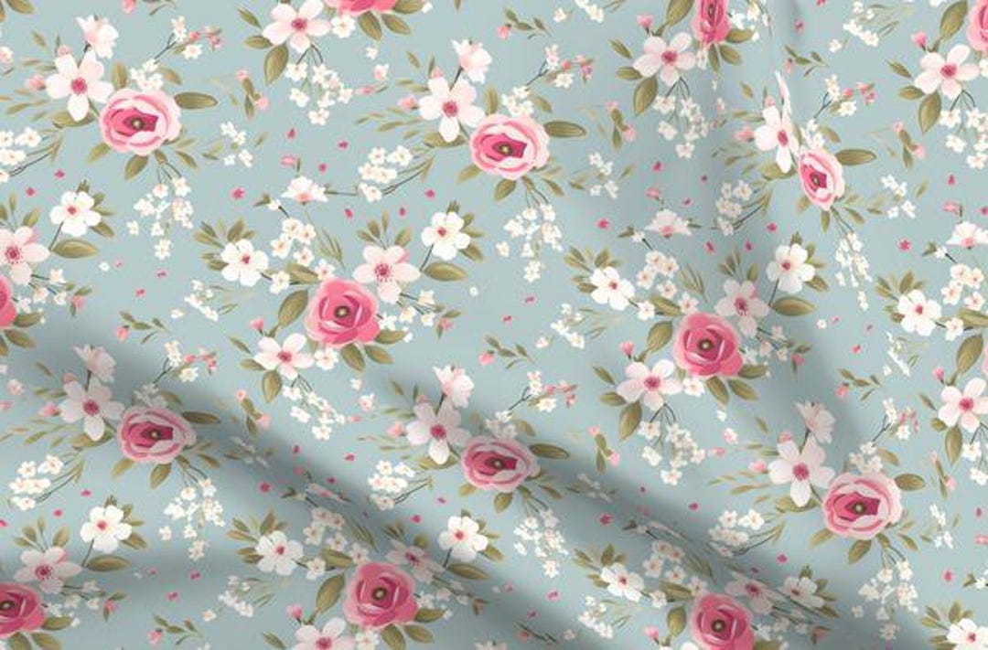 Pink Blue Shabby Chic Rose Fabric by the Yard Vintage Cottage Tea Party ...