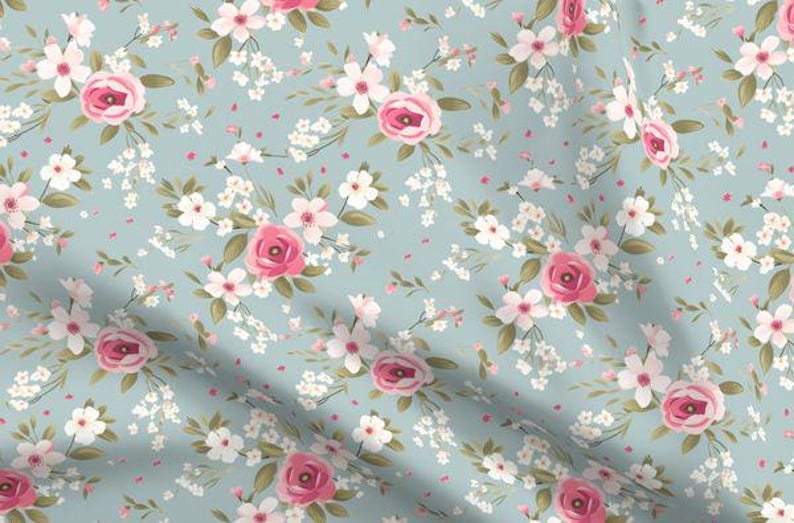 Pink Blue Shabby Chic Rose Fabric by the Yard Vintage Cottage Tea Party ...