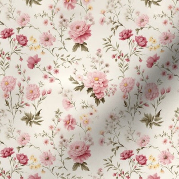 Pink Cottage Floral Fabric by the yard shabby chic flower fabric with blush small rose nursery quilting fabric french country cream pink