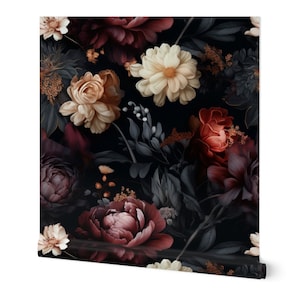 May include: A dark floral wallpaper pattern with burgundy, cream, and grey flowers on a black background.
