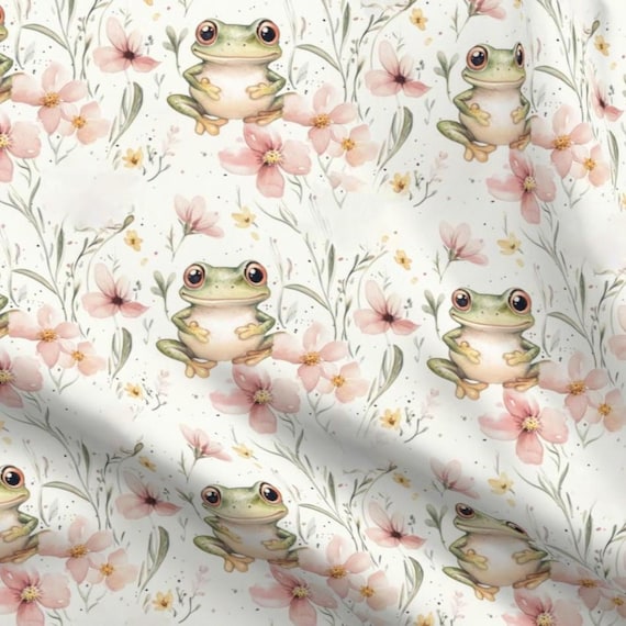 Baby Frog Fabric by the yard Pastel Green Springtime Lily Pad Toad Animal Enchanted Floral princess fairytale Nursery Pink watercolor Garden