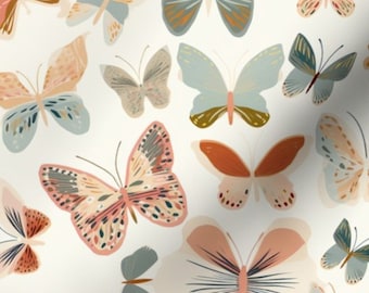 May include: A seamless pattern featuring a variety of colorful butterflies with intricate details. The butterflies are in shades of pink, orange, blue, and green, and they are arranged in a random pattern on a white background.