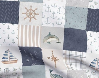 Nautical Cheater Quilt Fabric by the yard baby boy patchwork blue cape code quilt top with whales and dolphin gray nautical themed nursery