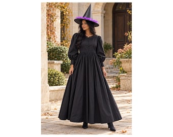 Black Victorian Witch Dress for Women, Cotton Halloween Costume with Hat
