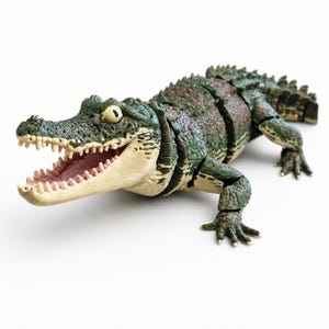 Puede incluir: Una figura de cocodrilo articulada en tonos verdes y marrones con una superficie texturizada y escamosa, vientre color crema y la boca abierta que muestra hileras de dientes pequeños y puntiagudos. La figura tiene articulaciones visibles.