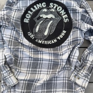 Upcycled flannel with “the Rolling Stones” patch