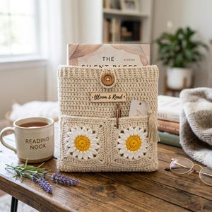 May include: A beige crochet book sleeve featuring two square daisy motifs with white petals and yellow centers on the front pockets. A wooden button secures the top flap, and a rectangular wooden tag reads Bloom & Read.