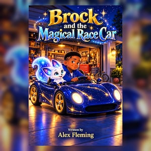May include: A book cover titled Brock and the Magical Race Car written by Alex Fleming. It features a young person in a blue hoodie driving a sparkling blue race car with gold wheels, accompanied by a glowing, magical white fox creature.