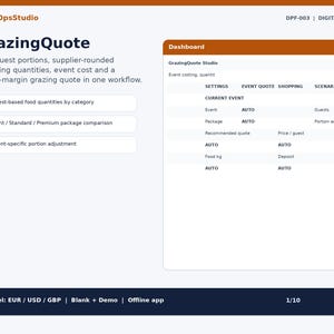 Puede incluir: Una interfaz digital titulada GrazingQuote de NexaOpsStudio con un panel para la planificación de eventos. El diseño incluye texto que describe porciones, cantidades y costos, junto a una tabla con campos completados automáticamente.