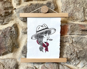 Wild at heart - cowgirl linocut print