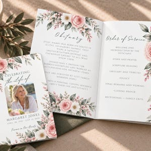 May include: A funeral program template featuring a white background with watercolor pink roses and green foliage. The front cover displays a photo of a woman, the text Celebrating the Life of Margaret Jones, and dates. The interior includes Obituary and Order of Service text sections.