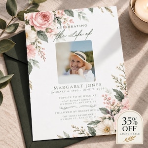 May include: A funeral programme card featuring a white background with pink floral illustrations, a central photograph of a person wearing a sun hat, and text reading Celebrating The Life Of Margaret Jones, January 4, 1950 - June 7, 2026.