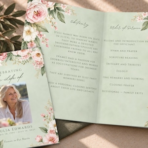 May include: A funeral program template with a light green background and pink floral illustrations. The front cover features a photo of a woman, the text "Celebrating the Life of," "Julia Edwards," and dates. The inside displays "Obituary" and "Order of Service" text.