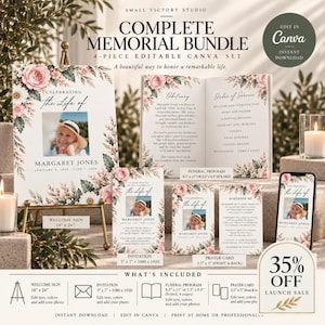 Puede incluir: Un conjunto conmemorativo completo de 4 piezas editables en Canva con diseños florales de rosas rosas y margaritas blancas. Incluye un cartel de bienvenida de 45,7 cm x 61 cm, una invitación, un programa funerario y una tarjeta de oración.