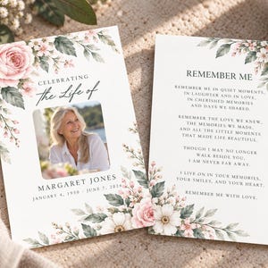 May include: Two funeral programme cards featuring watercolour pink roses and green foliage. The left card displays the text CELEBRATING THE LIFE OF, a photo of a woman, and the name MARGARET JONES with dates. The right card features the text REMEMBER ME.