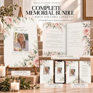 May include: A 7-piece memorial stationery bundle featuring floral designs with pink roses and green foliage. Includes a welcome sign, funeral programs, invitations, and prayer cards with placeholder text for Margaret Jones.