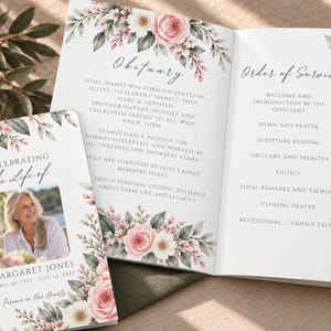 Blush Floral Funeral Program Template, Celebration of Life Booklet, Editable Canva