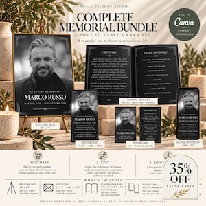 Può includere: Un set commemorativo completo di 4 pezzi modificabili su Canva che include un cartello di benvenuto, un programma funebre, un invito e un santino. Ogni elemento mostra un ritratto in bianco e nero di un uomo di nome Marco Russo con dettagli testuali. Include istruzioni per l'acquisto, la modifica e il download, oltre a una grafica per un'offerta di lancio del 35%.
