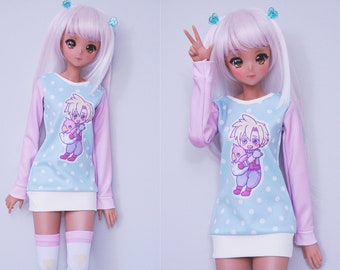 Clothes for Smart Doll, Light pink and blue sweater with Chibi Cloud, BJD SD13 Dollfie