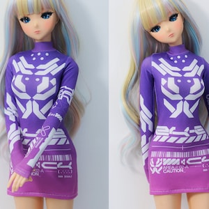Kleidung für Smart Doll Pear oder Classic, Bodycon Mini Dress mit Cyberpunk Grafik - Ombre Violett und Pink Techwear