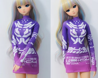 Clothes for Smart Doll, Mini Dress with Cyberpunk tech graphics on ombre purple