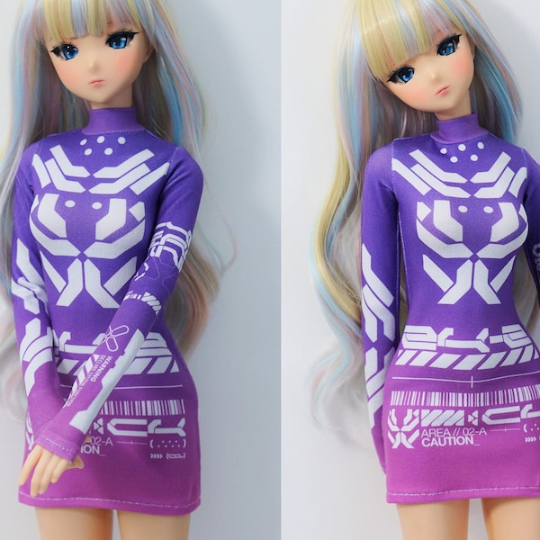 Clothes for Smart Doll, Mini Dress with Cyberpunk tech graphics on ombre purple