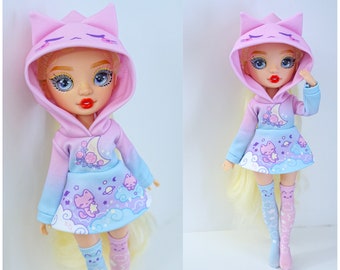 Rainbow High Doll Clothes, Cute Hoodie Dress and Socks Outfit Set - Dreaming Kitty