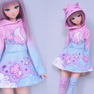 Clothes for Smart Doll Cute Pastel Pink and Blue Cat Hoodie Dress
