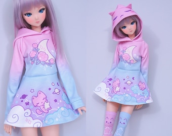 Clothes for Smart Doll, Cute Pastel Pink and Blue Cat Hoodie Dress