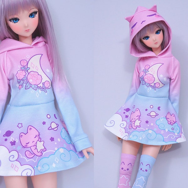 Clothes for Smart Doll, Cute Pastel Pink and Blue Cat Hoodie Dress