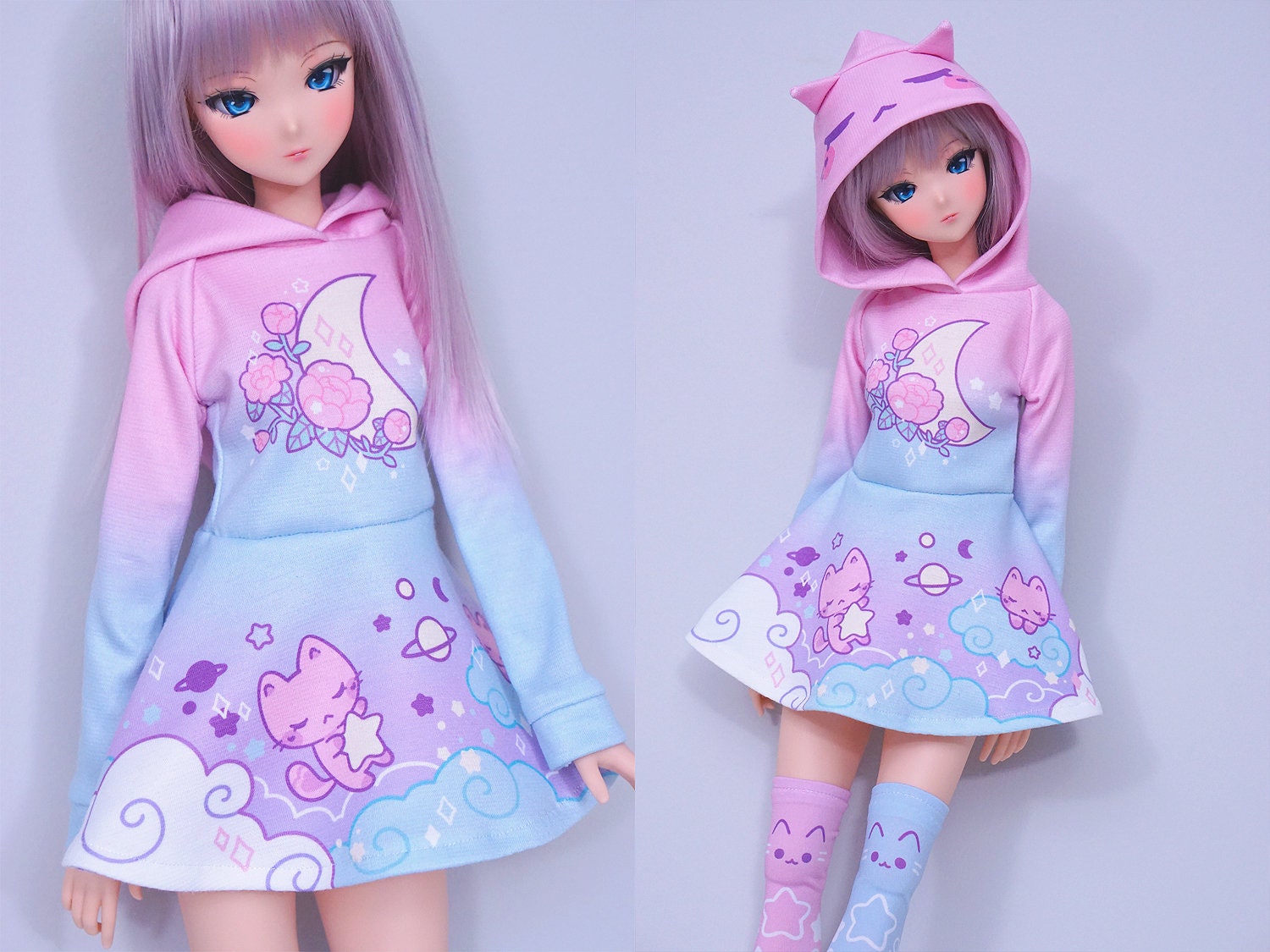 Buy Clothes for Smart Doll Cute Pastel Pink and Blue Cat Hoodie ...